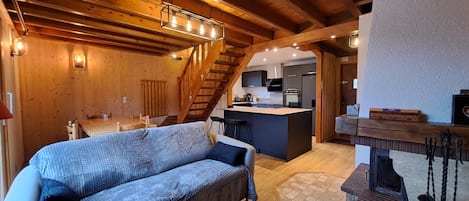 Smart TV, fireplace, DVD player, books