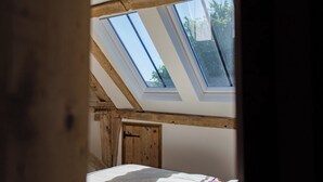 A bedroom with a sloped ceiling, skylights, and a wooden door.