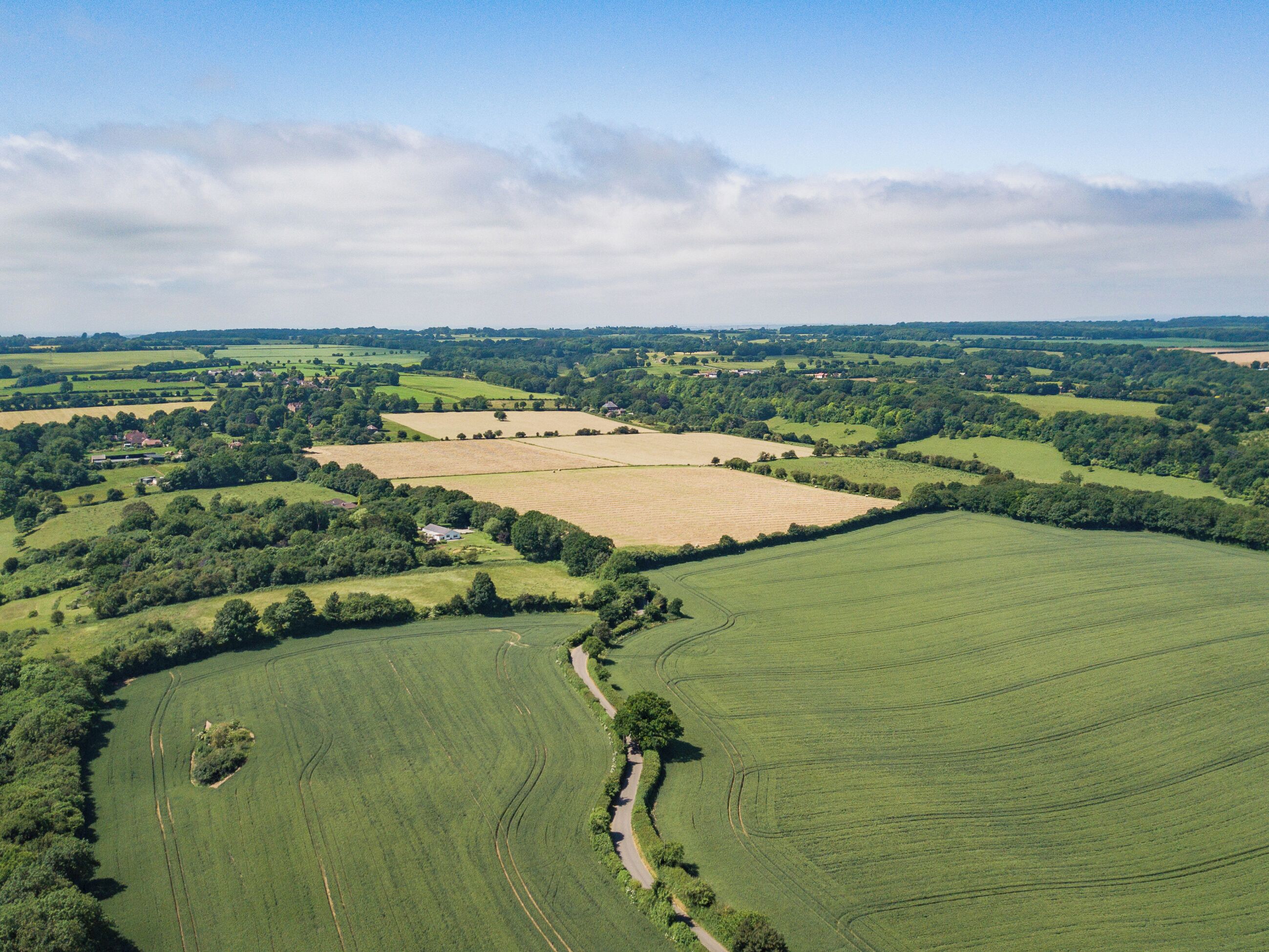 An aerial view of a rural landscape with fields, a winding road, and scattered buildings.