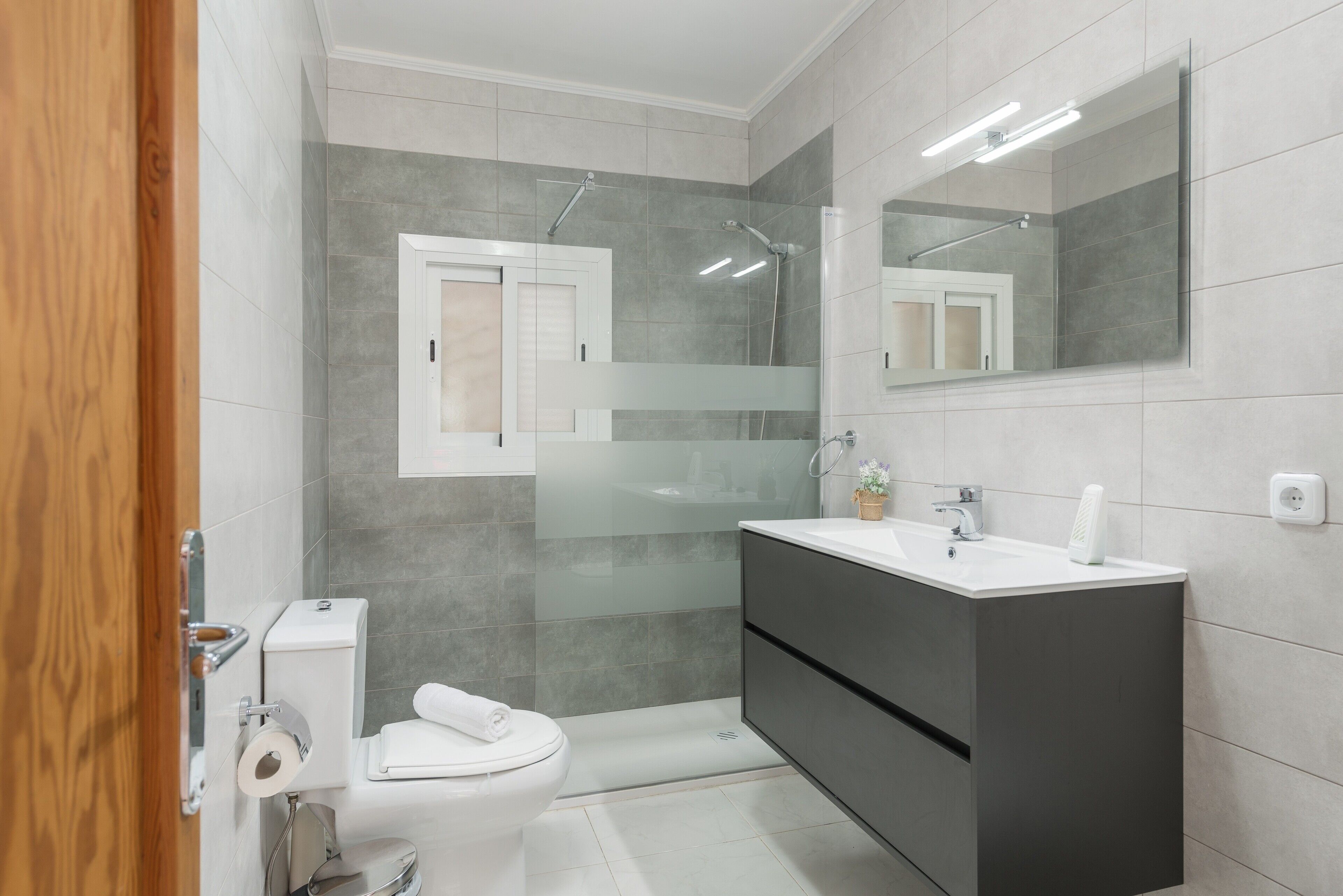 Shower, hair dryer, towels