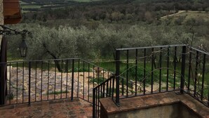 A balcony with a stone floor and metal railing, overlooking a rural landscape with fields and distant hills. - Agriturismo Campo al Crognolo. (Sassofortino)