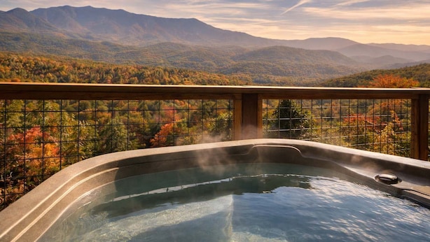 Un jacuzzi con vistas a montañas otoñales.