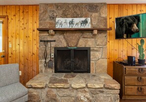 Una chimenea de piedra con un televisor montado encima, un panel de madera con un cuadro colgado y un cactus sobre una cómoda.