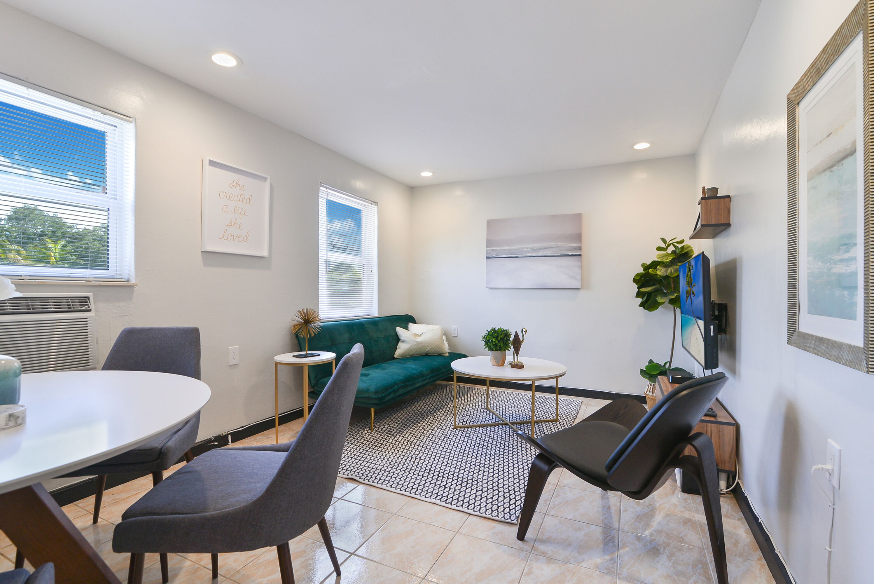 Flat-screen TV, books, music library, video library