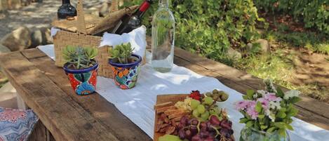 Un montaje para picnic con una mesa de madera, diversas frutas, uvas, una botella de vino y pequeñas macetas.