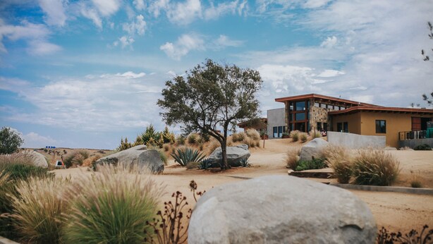 A modern building with a desert garden, large rocks, and a clear sky. - Rancho el Parral in Valle de Guadalupe Surrounded by nature (Ensenada)