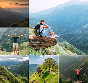 A collage of mountain landscapes with people enjoying the views.