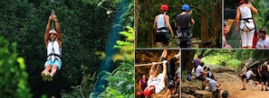 A person zip-lining through a forest.