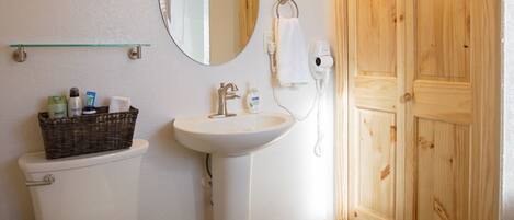 A bathroom with a toilet, sink, and wooden door.