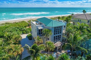 A coastal building with a green roof, surrounded by palm trees and a beach view.
