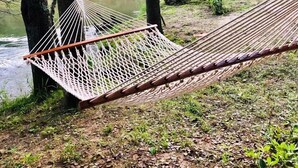 Riipuinverkko on kiinnitetty puiden väliin rauhallisen joen varrella, ja sen ympärillä on vehreää kasvillisuutta.