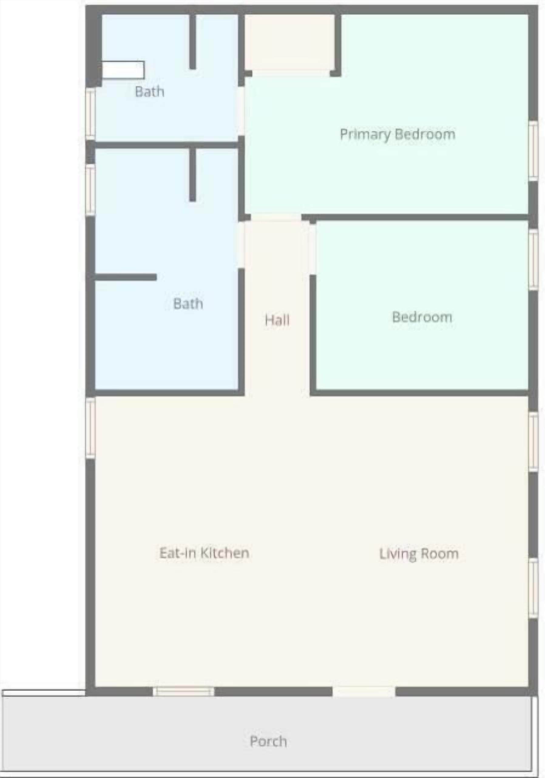 A floor plan with a primary bedroom, two bathrooms, an eat-in kitchen, a living room, a bedroom, a hall, and a porch.