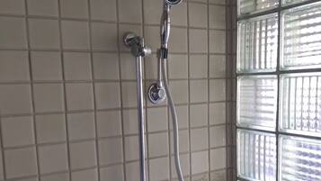 Hair dryer, towels, soap, shampoo