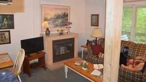 Ein gemütliches Wohnzimmer mit Kamin, Fernseher, einer Couch und einem Couchtisch mit Büchern und einer Pflanze.