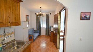 Una cucina compatta con lavello incassato, mobili in legno, un divano blu e un lampadario.