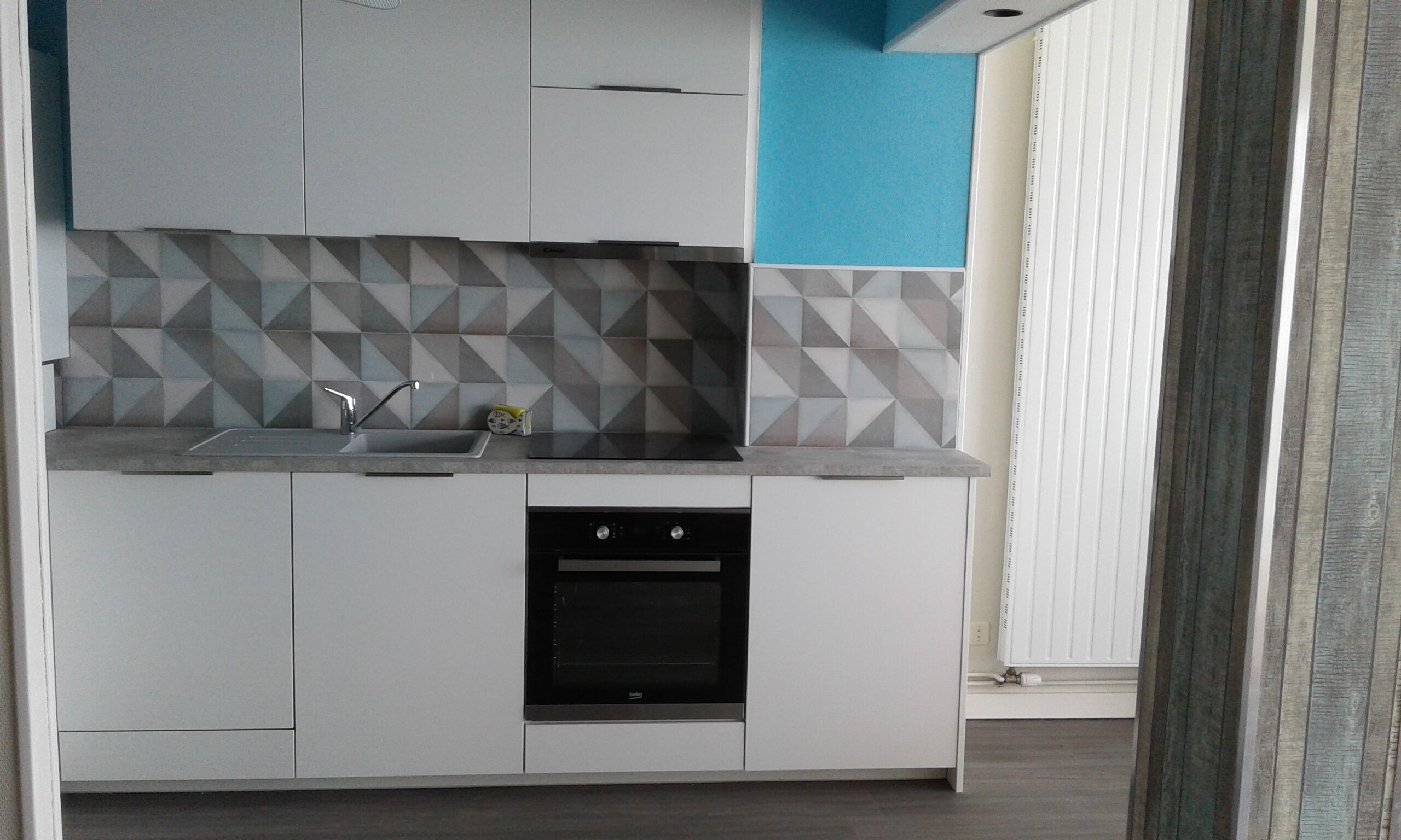 A modern kitchen with a built-in dishwasher, a sink, and a microwave.