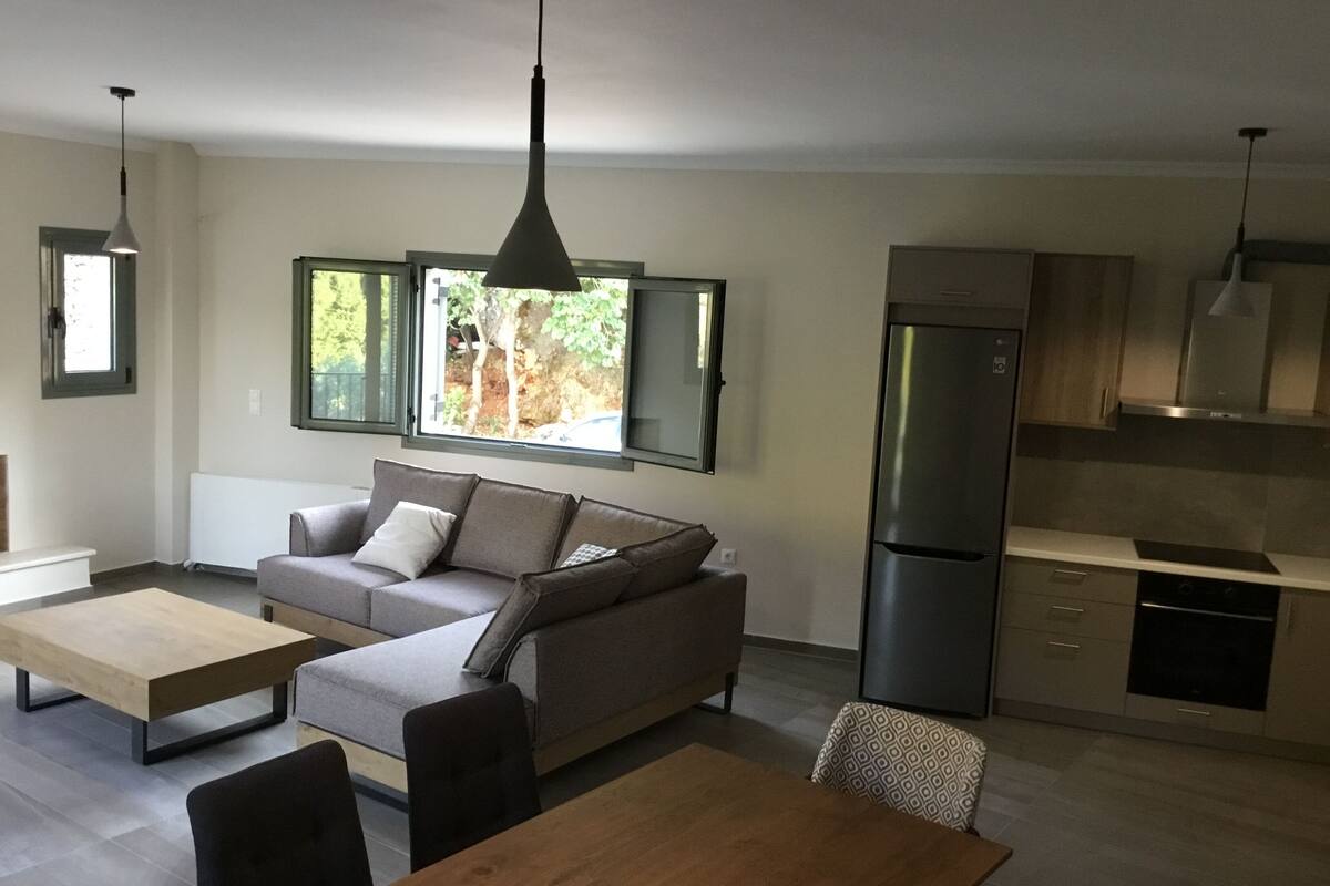 A modern kitchen with a built-in refrigerator and stove, a dining area with a wooden table and chairs, and a gray sofa with a view of trees through the windows.