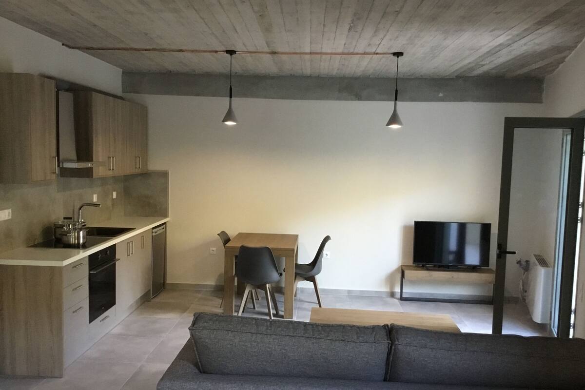 A modern kitchen with a built-in stove, a dining area with a table and chairs, a gray sofa, and a TV in a separate room.