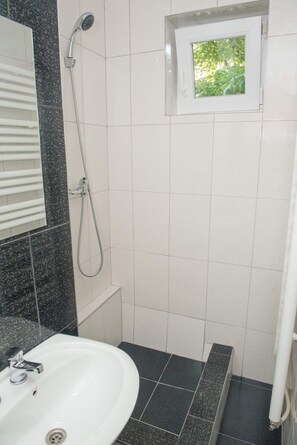 Hair dryer, towels, shampoo, toilet paper