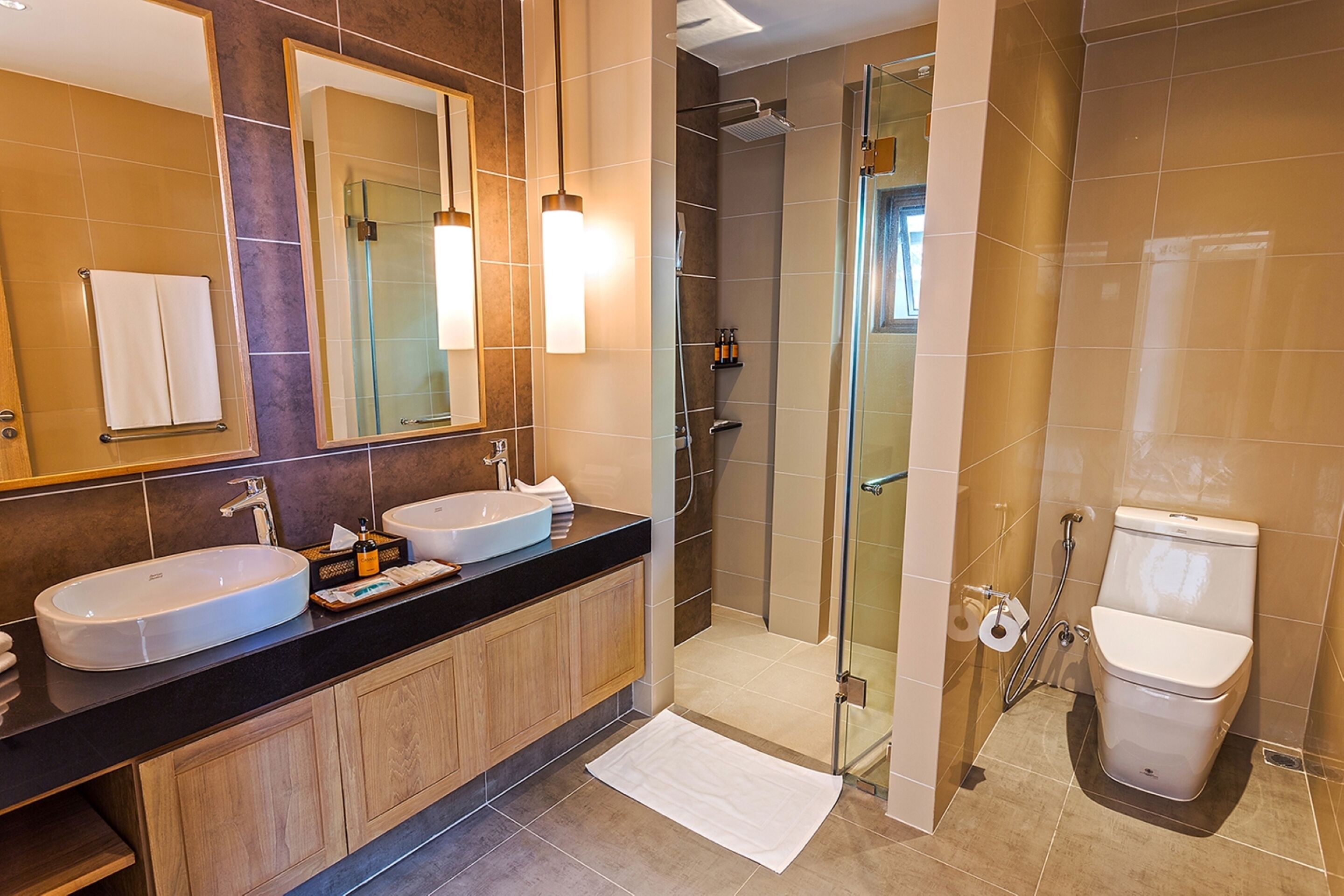 A modern bathroom with two sinks, a glass shower enclosure, and a toilet.