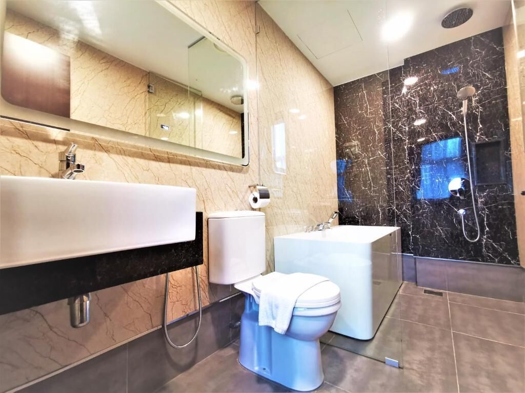 shower, hair dryer, slippers, towels