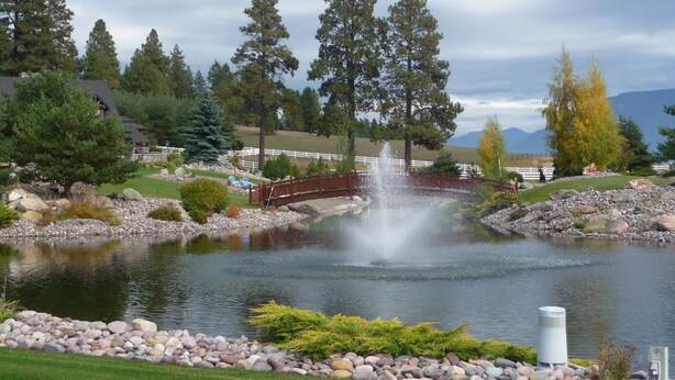 A pond with a bridge, surrounded by trees and a white fence.