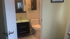 A bathroom with a toilet, sink, and mirror. There is a cabinet above the sink and a framed picture on the wall. - A Gem in the Hills - Your Secret Place From Home<br> (St. Thomas)