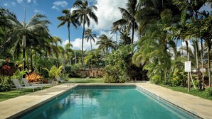 A rectangular swimming pool surrounded by palm trees and lounge chairs.