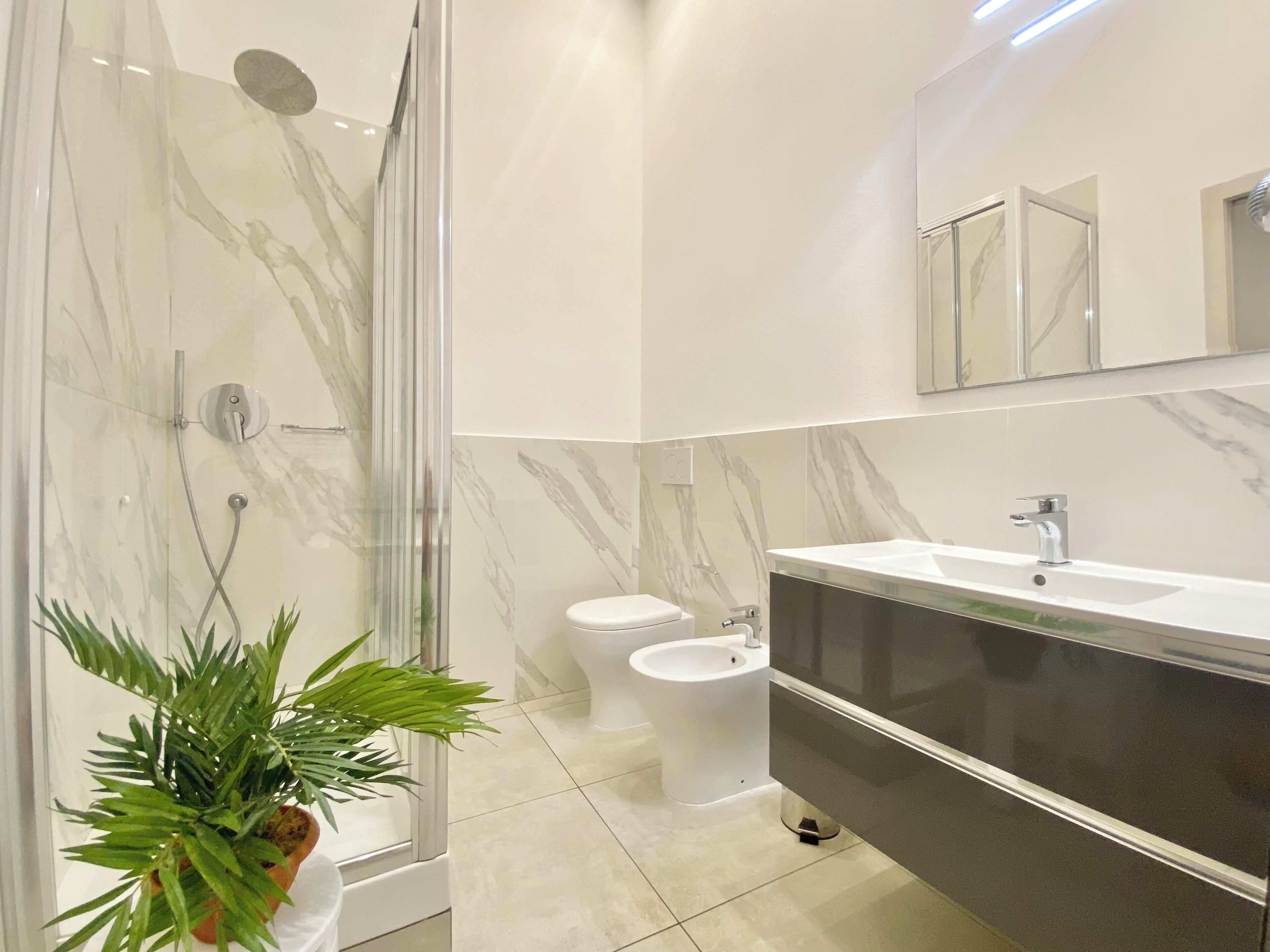 Une salle de bain moderne avec une douche à parois de verre, un bidet, un meuble-lavabo avec un miroir et une plante en pot.