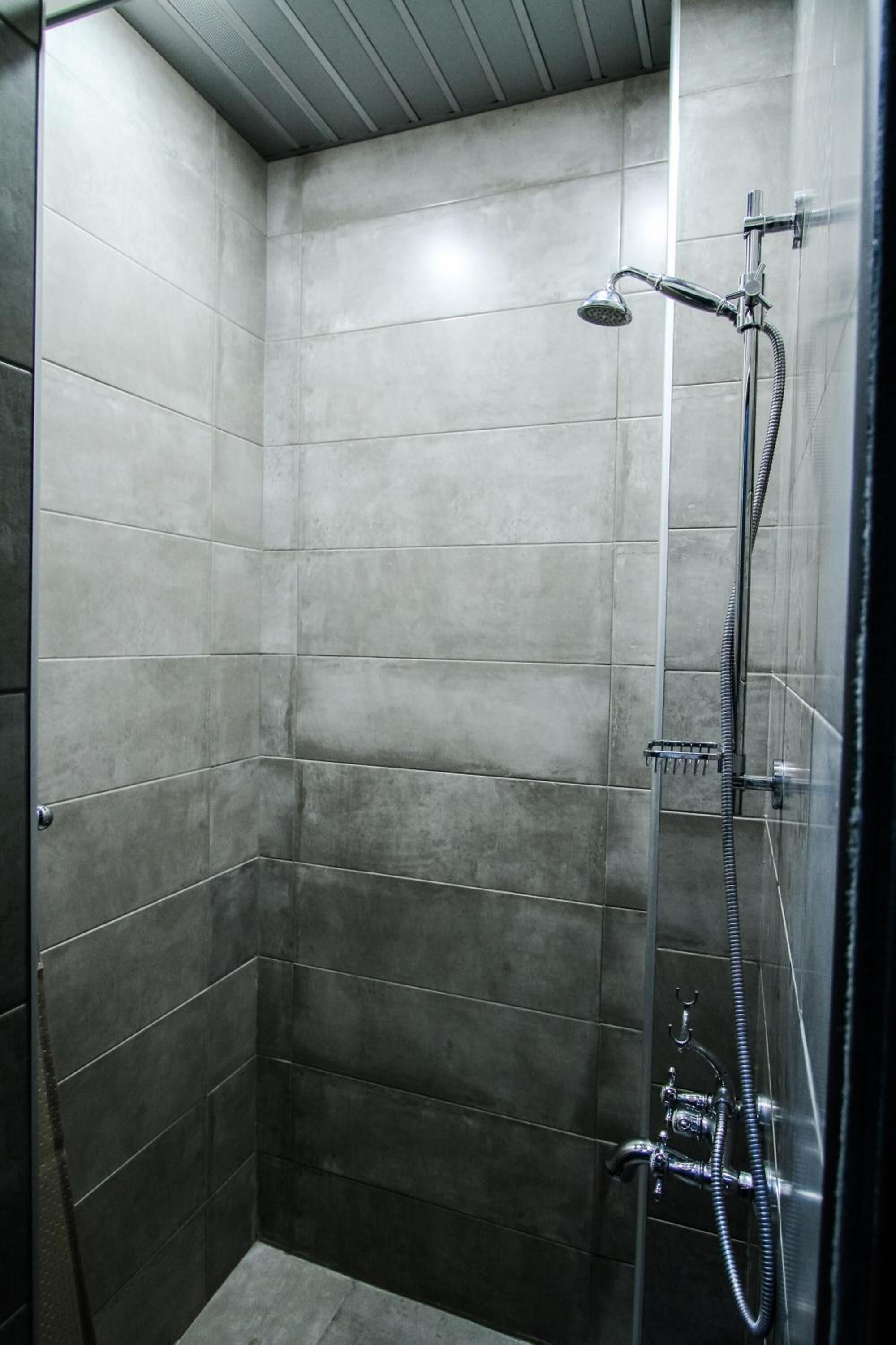 Shower, hair dryer, soap, toilet paper