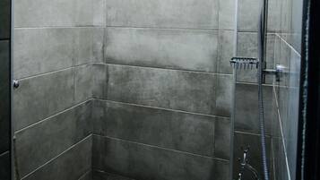 Shower, hair dryer, soap, toilet paper