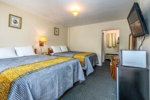 Desk, laptop workspace, blackout curtains, iron/ironing board