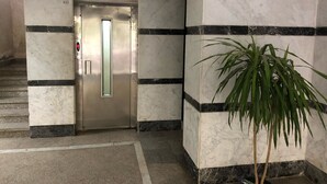 An elevator in a hallway with marble walls and a potted plant. - A Cosy Three Bedrooms  Apartment in Degla, Maadi ,Cairo, Egypt. (Maadi)