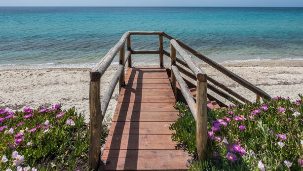 Un sentiero di legno conduce a una spiaggia con acque cristalline e cielo terso.