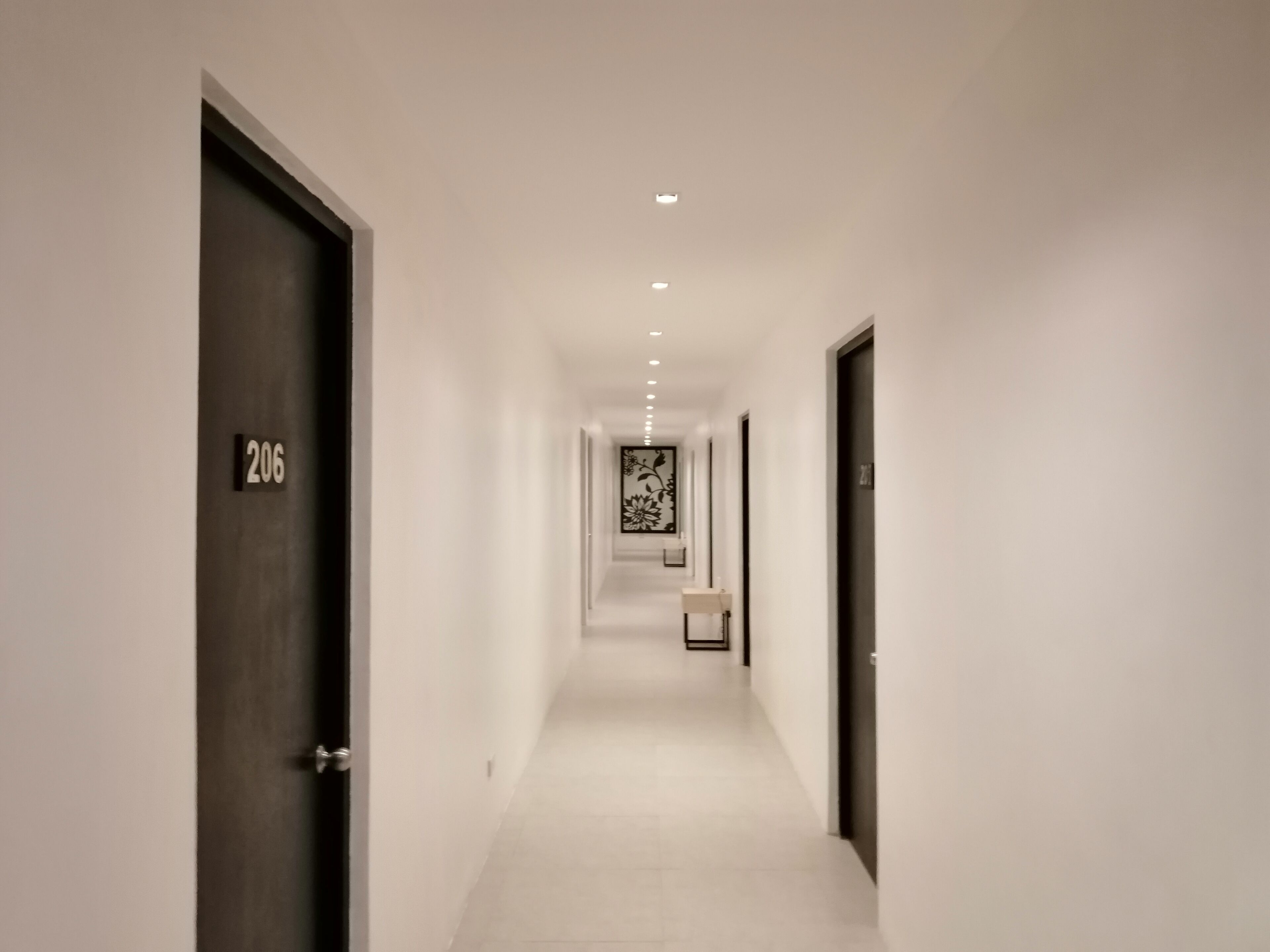 Ein moderner Hotelkorridor mit Tür 206, einem gerahmten Kunstwerk an der Wand und einem sauberen, gefliesten Boden.