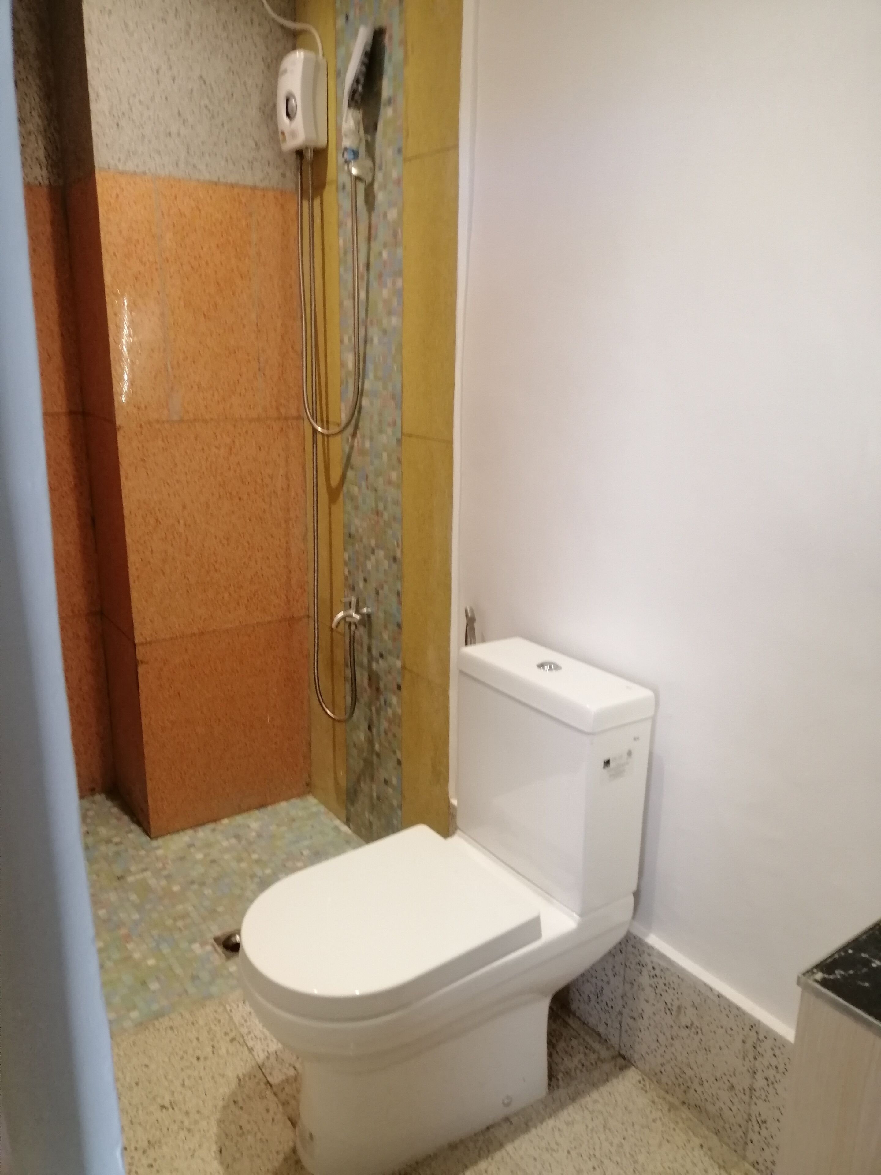 Une petite salle de bain avec des toilettes, une douche et un lavabo.
