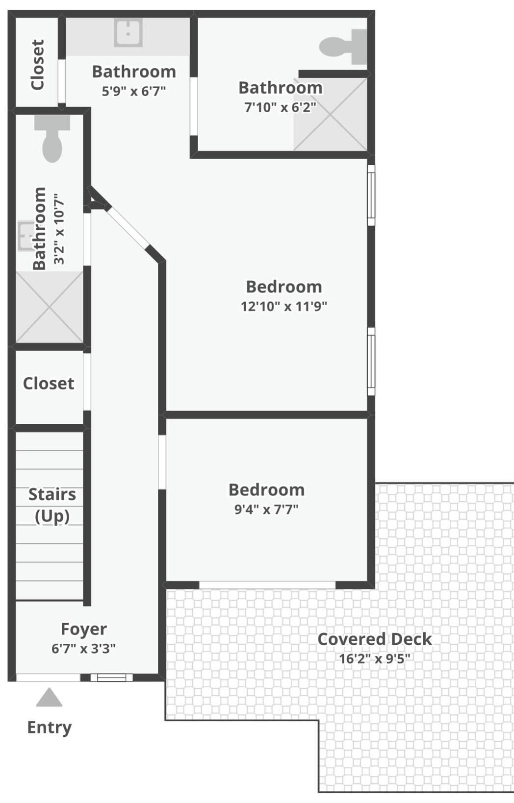 A floor plan with two bathrooms, two bedrooms, a foyer, and a covered deck.