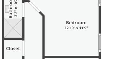 A floor plan with two bathrooms, two bedrooms, a foyer, and a covered deck.