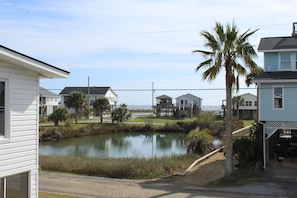 A residential area with houses, a pond, and a palm tree. - Marsh and Ocean Views with Private Dock~ Reel Blessed (Folly Beach)