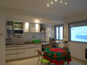 Fridge, microwave, oven, coffee/tea maker
