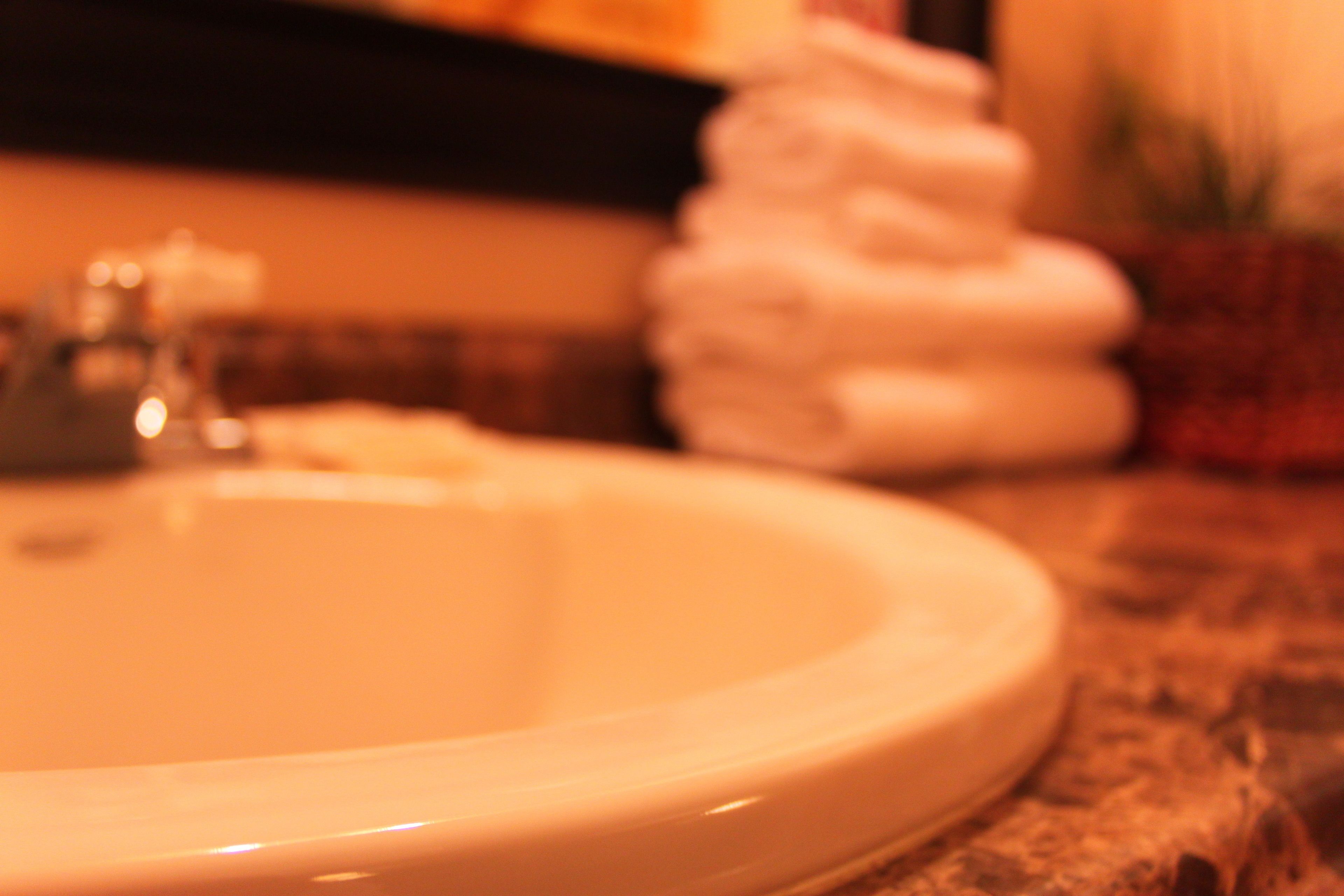 A bathroom sink with a faucet, a towel rack, and a small plant.