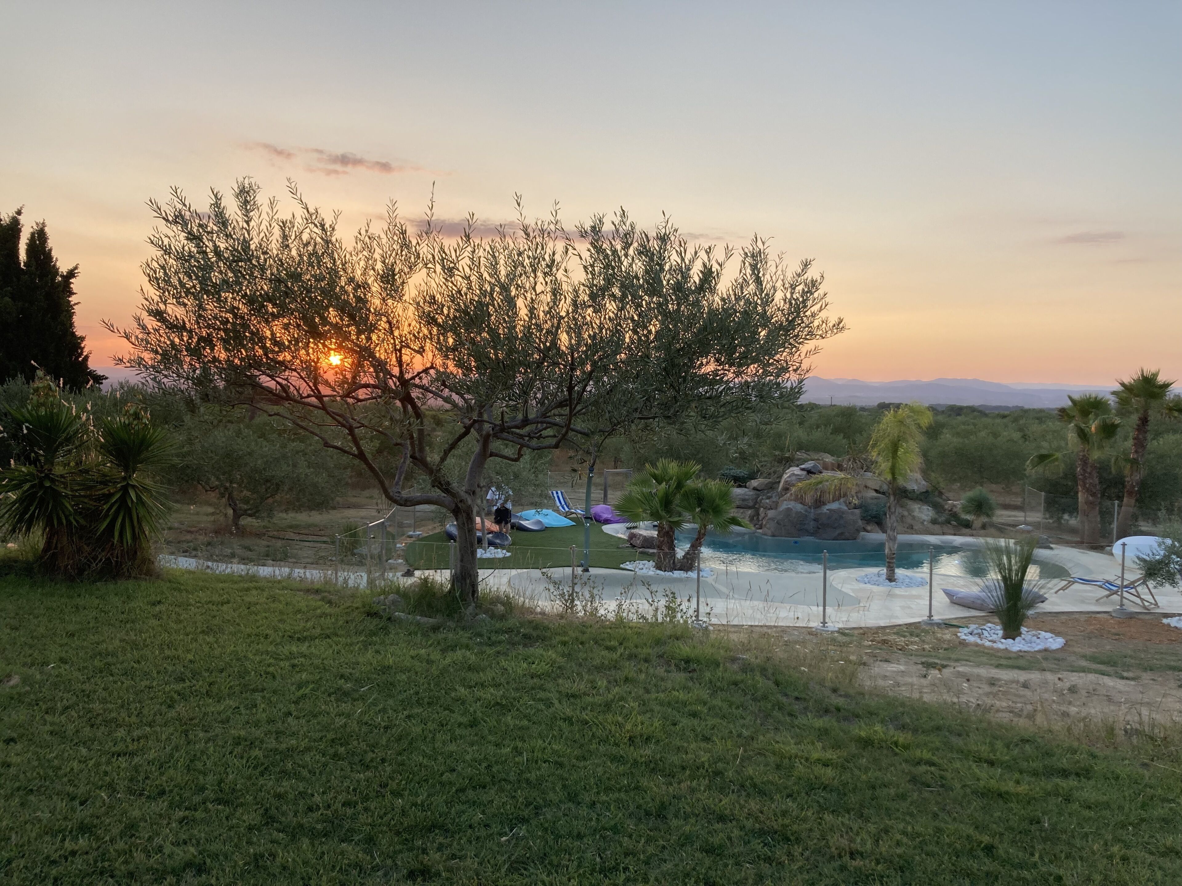 Un espace piscine offrant une vue sur le coucher du soleil, entouré d’arbres et d’un paysage verdoyant.