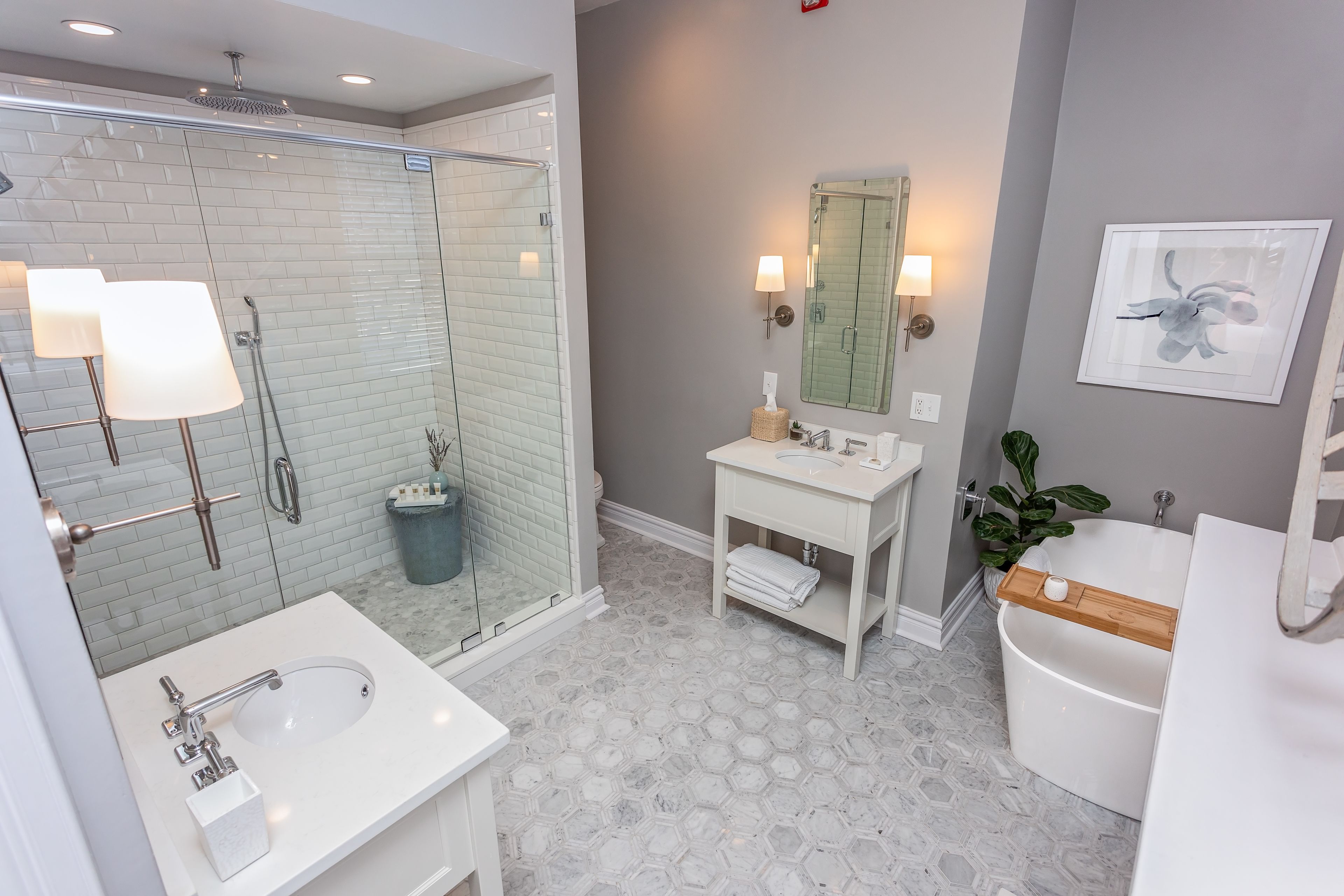 Magnolia Suite | Bathroom | Designer toiletries, hair dryer, bathrobes, heated floors