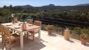 Una terraza con mesa lista para comer, rodeada de sillas y plantas en macetas.