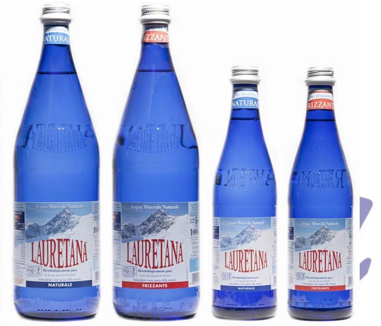 Four bottles of Lauretana water, two labeled as natural and two as frizzante, with a mountain landscape on the label.
