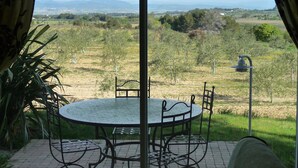 Une terrasse avec une table ronde et des chaises, une vue sur un paysage verdoyant avec des arbres et des montagnes au loin, et une grande fenêtre avec des rideaux.