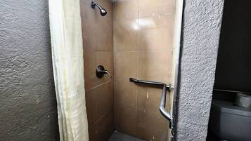 A small, tiled shower area with a showerhead, a handrail, and a curtain.