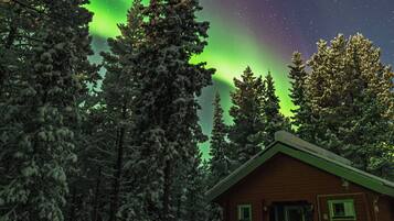 Mökki, jossa on vihreä ovi ja ikkunat, ja jonka ympärillä on lumipeitteisiä puita ja revontulia.