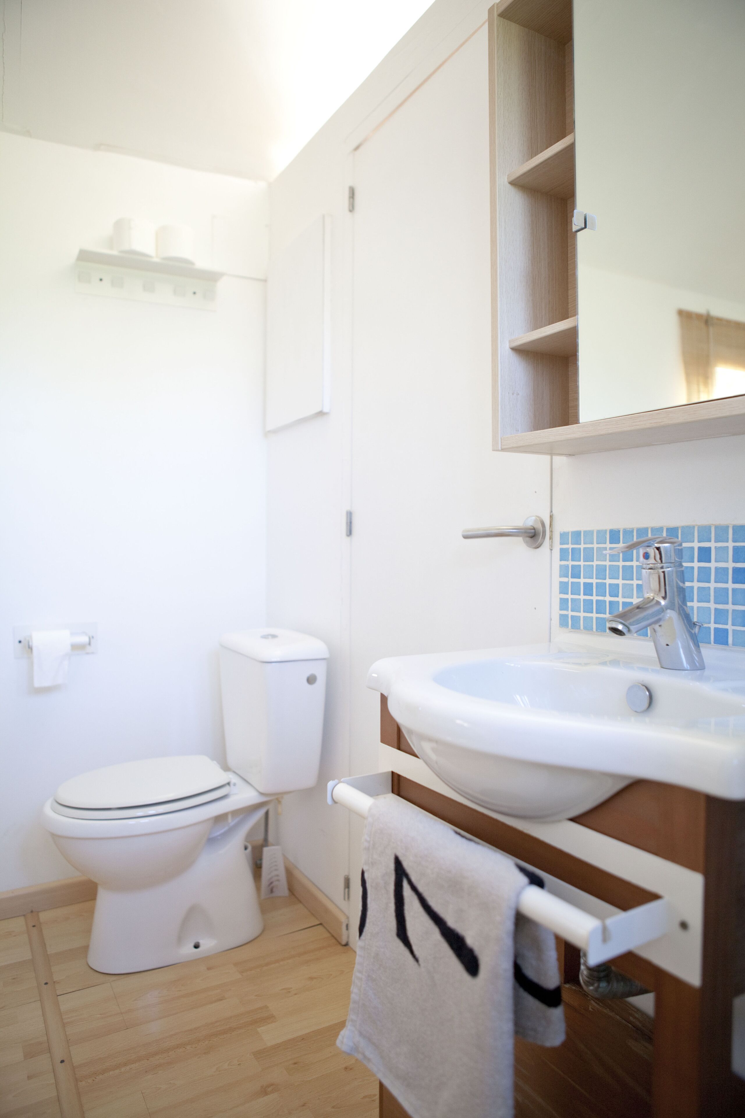 Un baño con inodoro, lavabo y espejo.