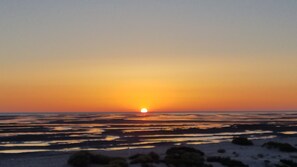 Vlak bij het strand, ligstoelen, strandlakens